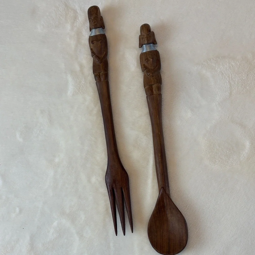 Mid-Century Wooden Dining Set with Carved Handles African Motif Condiment Bowls